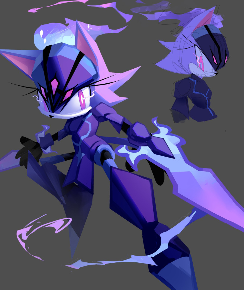 1girl, animal_ears, arm_blade, armor, blaze_the_cat, budgie177, cat_ears, ceruledge