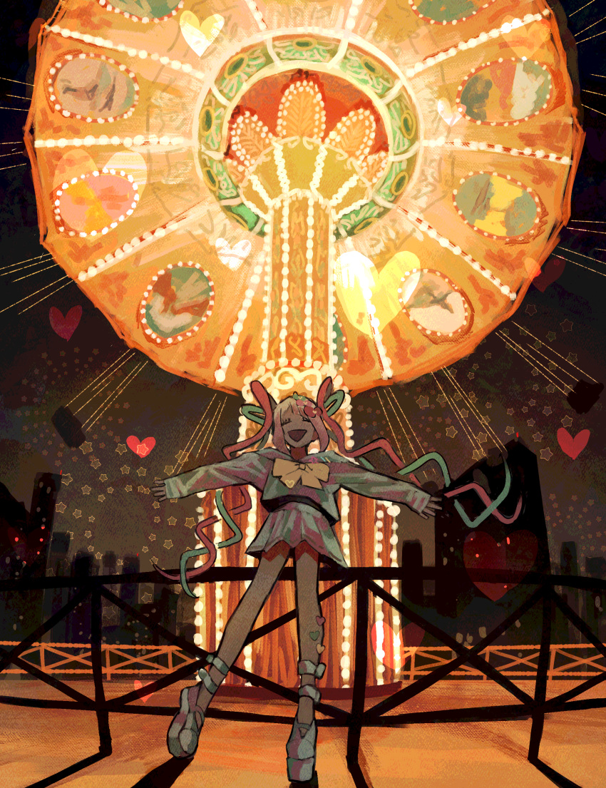 1girl, absurdres, blonde_hair, blue_bow, blue_footwear, blue_hair, blue_shirt, blue_skirt, bow, carousel, chouzetsusaikawa_tenshi-chan, cityscape, closed_eyes, commentary, english_commentary, facing_viewer, fu_(furuyorufu), glowing, hair_bow, heart, highres, long_hair, long_sleeves, multicolored_hair, needy_girl_overdose, night, open_mouth, outstretched_arms, pink_bow, pink_hair, platform_footwear, pleated_skirt, quad_tails, sailor_collar, school_uniform, serafuku, shirt, skirt, smile, solo, spread_arms, standing, twintails, very_long_hair, wide_shot, yellow_bow