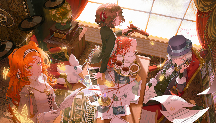 3girls, absurdres, anger_vein, antique_phone, arcana_(reverse:1999), armchair, artist_name, ascot