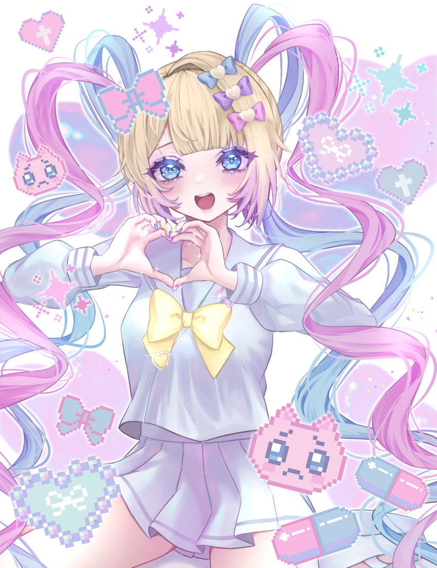 1girl, :d, aegyo_sal, blonde_hair, blue_bow, blue_eyes, blue_hair, blue_nails, blue_shirt, blue_skirt, blush, bow, chouzetsusaikawa_tenshi-chan, commentary_request, cross, emoji, hair_bow, hair_ornament, hamuhanama, heart, heart_hair_ornament, heart_hands, highres, long_hair, long_sleeves, looking_at_viewer, multicolored_hair, multicolored_nails, multiple_hair_bows, nail_polish, needy_girl_overdose, open_mouth, p-chan_(needy_girl_overdose), pill, pink_bow, pink_hair, pink_nails, pixel_heart, pixelated, pleading_face_emoji, pleated_skirt, purple_bow, quad_tails, sailor_collar, school_uniform, serafuku, shirt, skirt, smile, solo, sparkle, twintails, very_long_hair, yellow_bow, yellow_nails