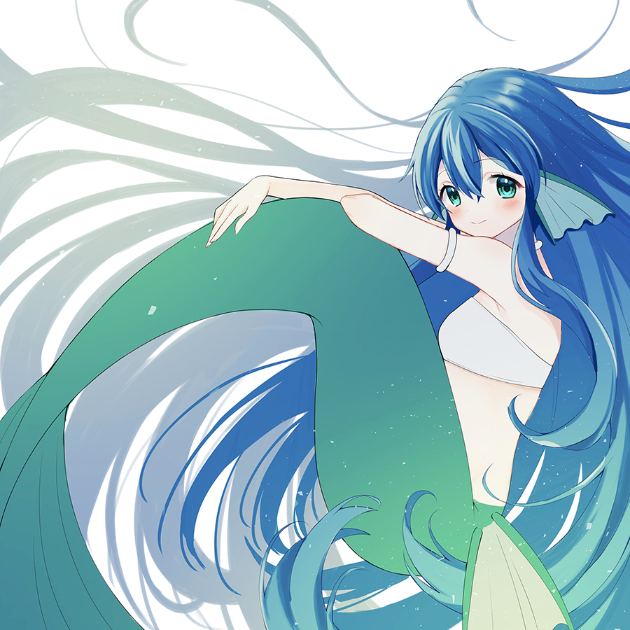 1girl, blue_hair, blush, choker, closed_mouth, eyelashes, fins, floating