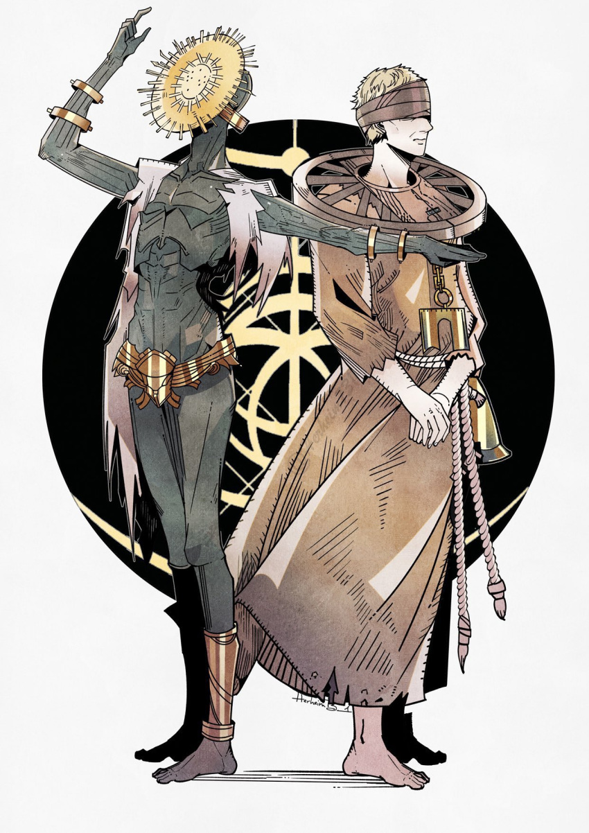 2boys, armlet, barefoot, belt, blindfold, blonde_hair, brother_corhyn_(elden_ring), cape