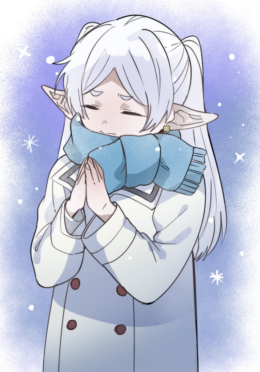 1girl, blue_background, blue_scarf, closed_eyes, closed_mouth, coat, cold, commentary_request