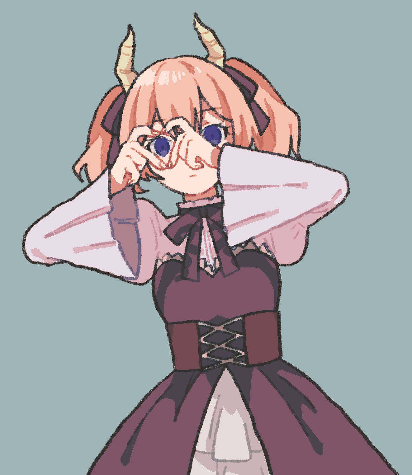 1girl, aqua_background, black_dress, black_ribbon, brown_corset, brown_hair, closed_mouth, corset