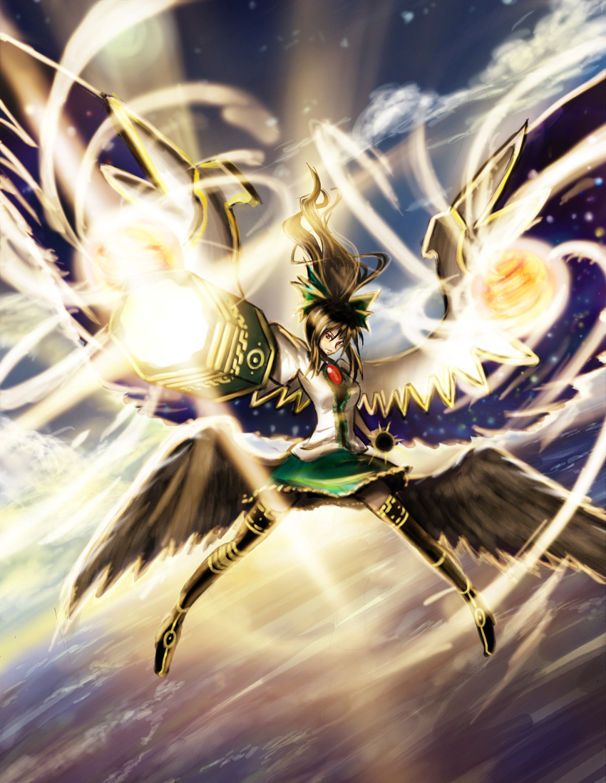 arm_cannon, black_hair, boots, bow, breasts, cloud, dress, epic, eyes, hair_bow, highres, large_breasts, long_hair, ponytail, red_eyes, reiuji_utsuho, solo, sun, thigh_boots, thighhighs, touhou, weapon, wings, yamaguchi_yoshimi