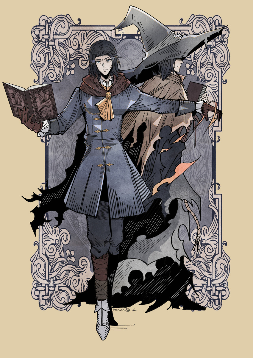 1boy, 1girl, black_hair, black_pants, blue_coat, blue_eyes, book, brown_gloves, buttons, coat, covered_eyes, dark_souls_(series), dark_souls_iii, denny626, gloves, hat, highres, holding, holding_book, karla_(dark_souls_3), looking_at_viewer, orbeck_of_vinheim, pants, robe, short_hair, simple_background, smile, torn_clothes, torn_robe, witch_hat, yellow_background