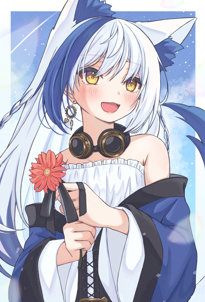 1girl, :d, absurdres, animal_ears, anku, aomiya_yozuri, blue_hair, blue_kimono, cat_ears, cat_girl, cat_tail, dress, flower, goggles, goggles_around_neck, highres, japanese_clothes, kimono, long_hair, long_sleeves, multicolored_hair, off_shoulder, open_mouth, red_flower, smile, strapless, strapless_dress, tail, two-tone_hair, vee_(vtuber), virtual_youtuber, white_dress, white_hair, wide_sleeves, yellow_eyes