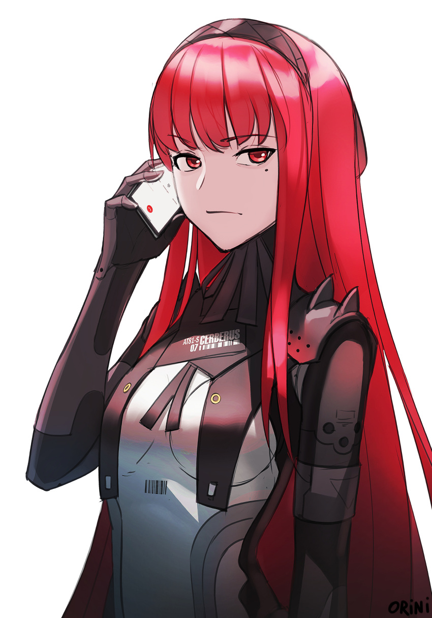 1girl, absurdres, armband, armor, barcode, black_hairband, bodysuit, breasts