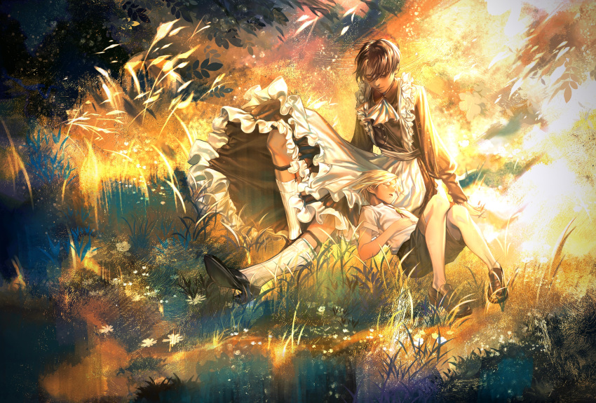 2boys, absurdres, aged_down, alternate_costume, apron, black_hair, blonde_hair, enmaided