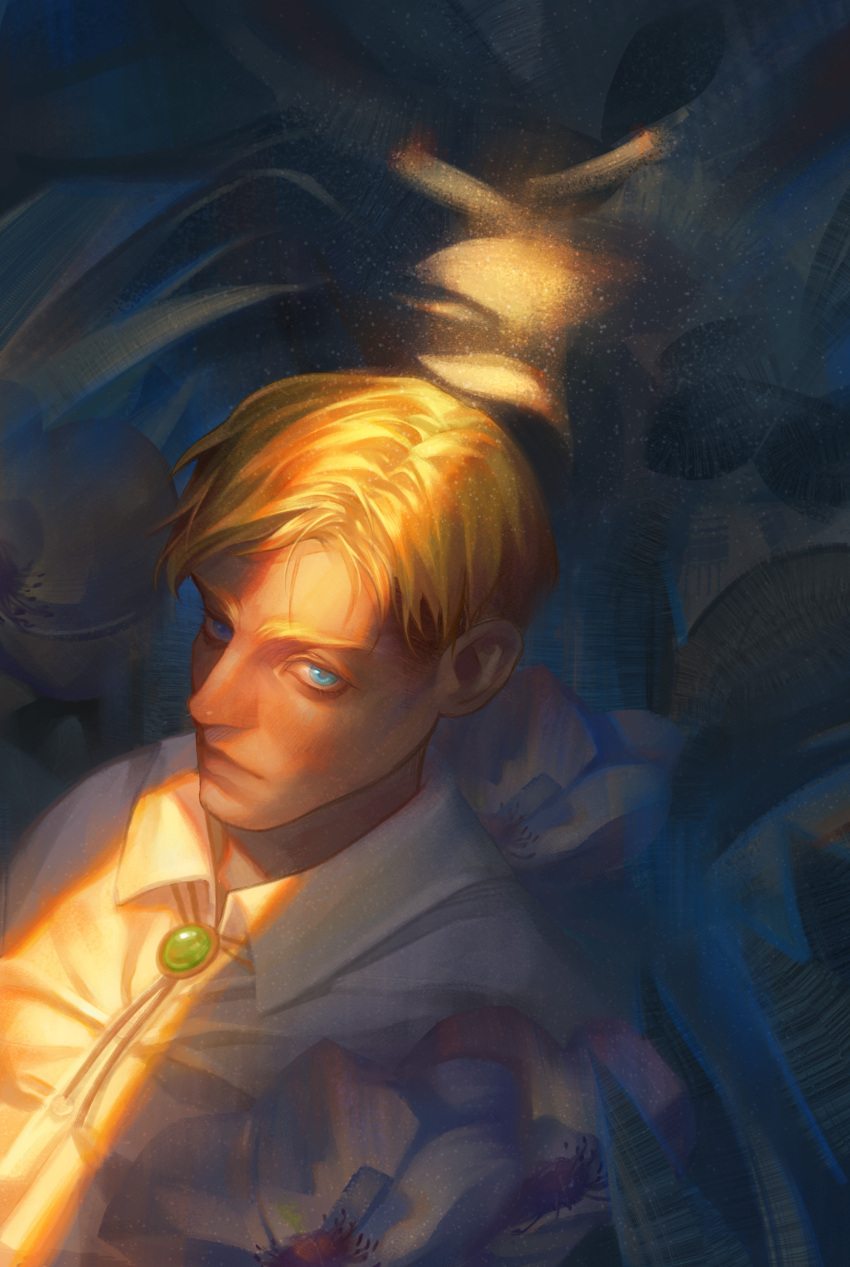1boy, absurdres, blonde_hair, collared_shirt, crack_of_light, erwin_smith, expressionless, flower_request