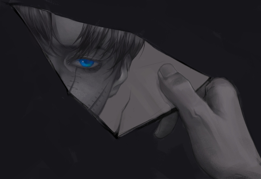 1boy, black_background, blue_eyes, crack, cracked_glass, greyscale, highres, holding