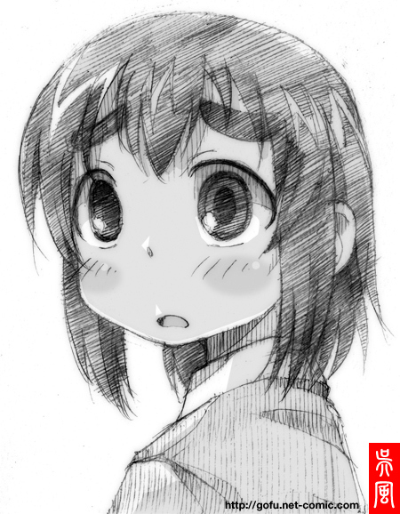 eyebrows, gofu, mitsudomoe, monochrome, open_mouth, short_hair, sketch, solo