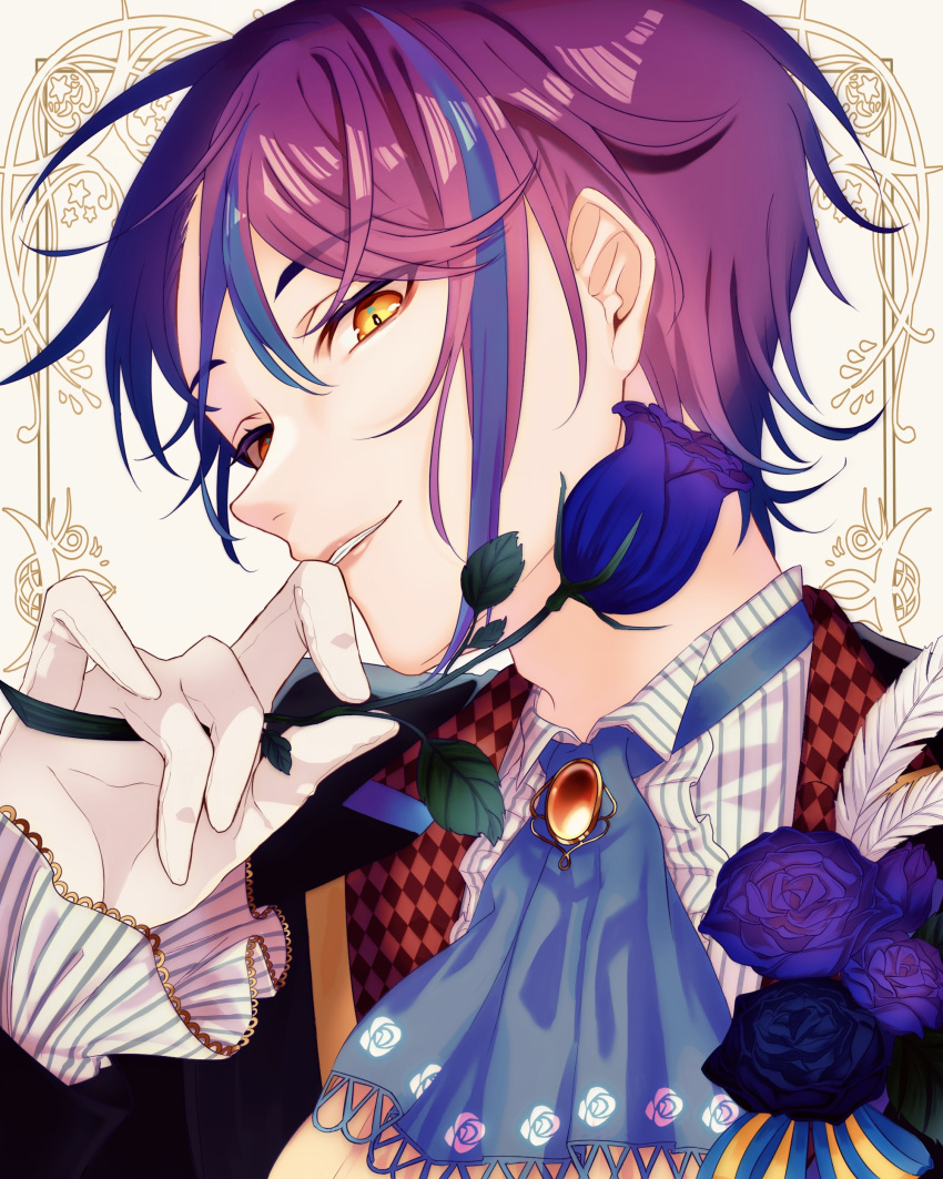 1boy, absurdres, argyle, argyle_coat, ascot, black_coat, blue_ascot, blue_flower