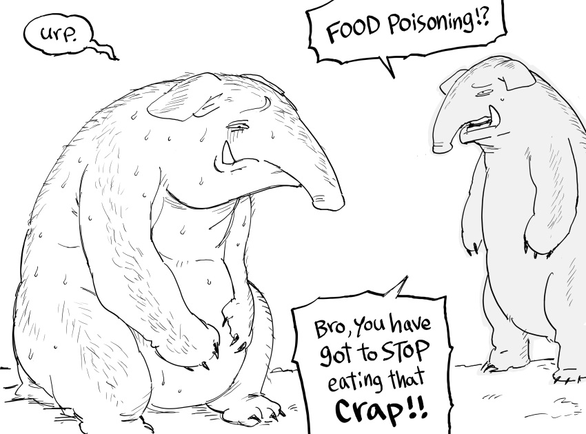 absurdres, baku_(creature), bb_(baalbuddy), english_commentary, english_text, food_poisoning, highres, monochrome