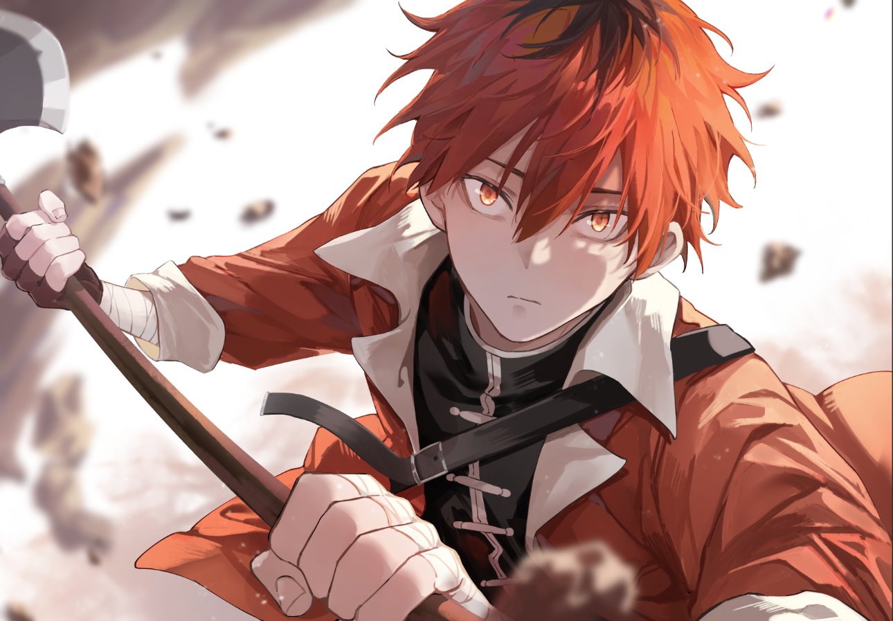 1boy, axe, bandaged_arm, bandages, belt, black_gloves, black_hair, black_shirt