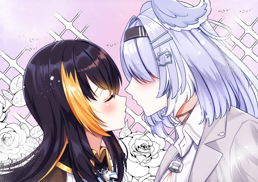 2girls, absurdres, black_hair, black_headband, blonde_hair, blue_hair, blue_wings, closed_eyes