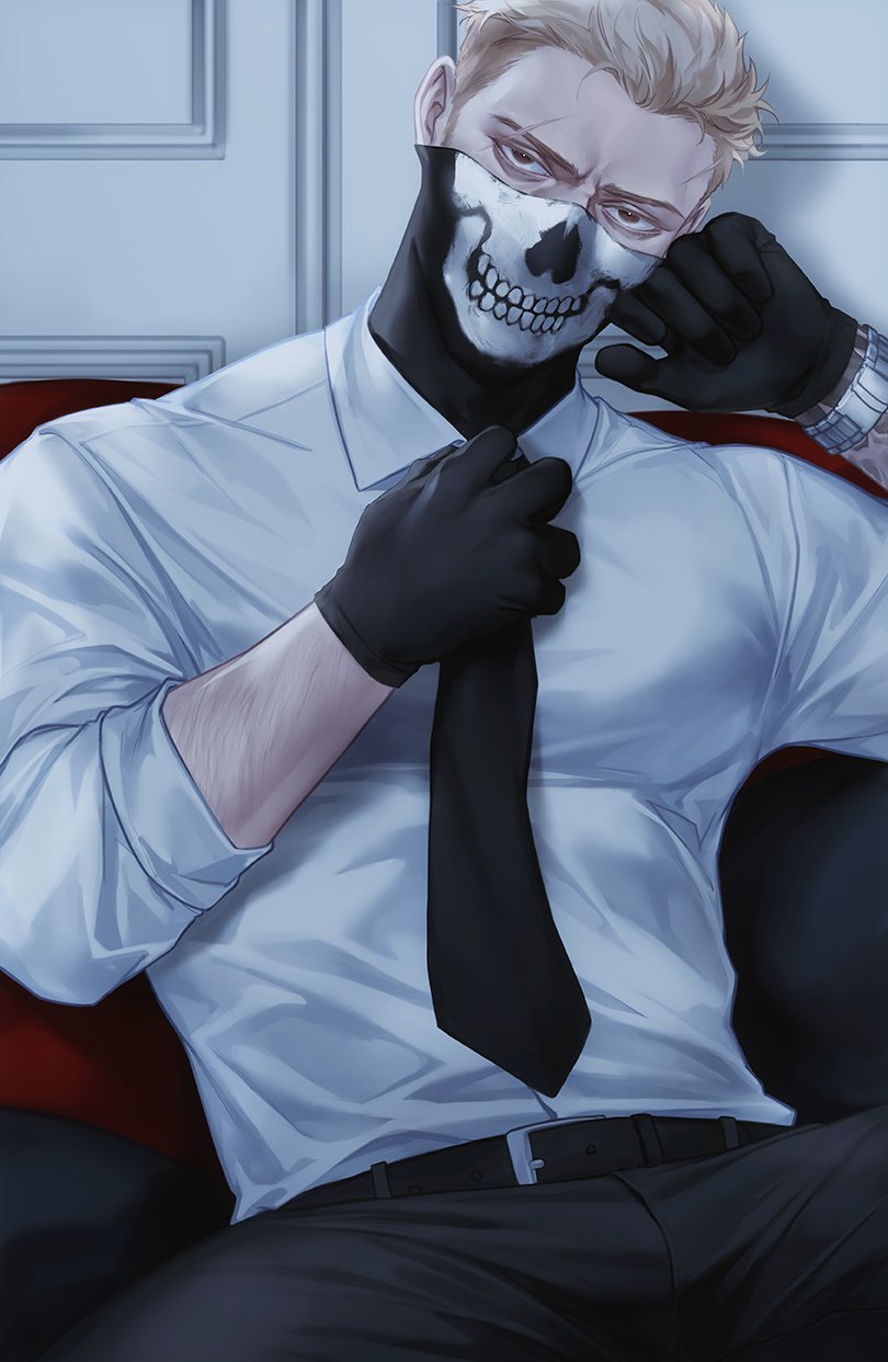 1boy, arm_tattoo, belt, black_belt, black_gloves, black_pants, blonde_hair, call_of_duty
