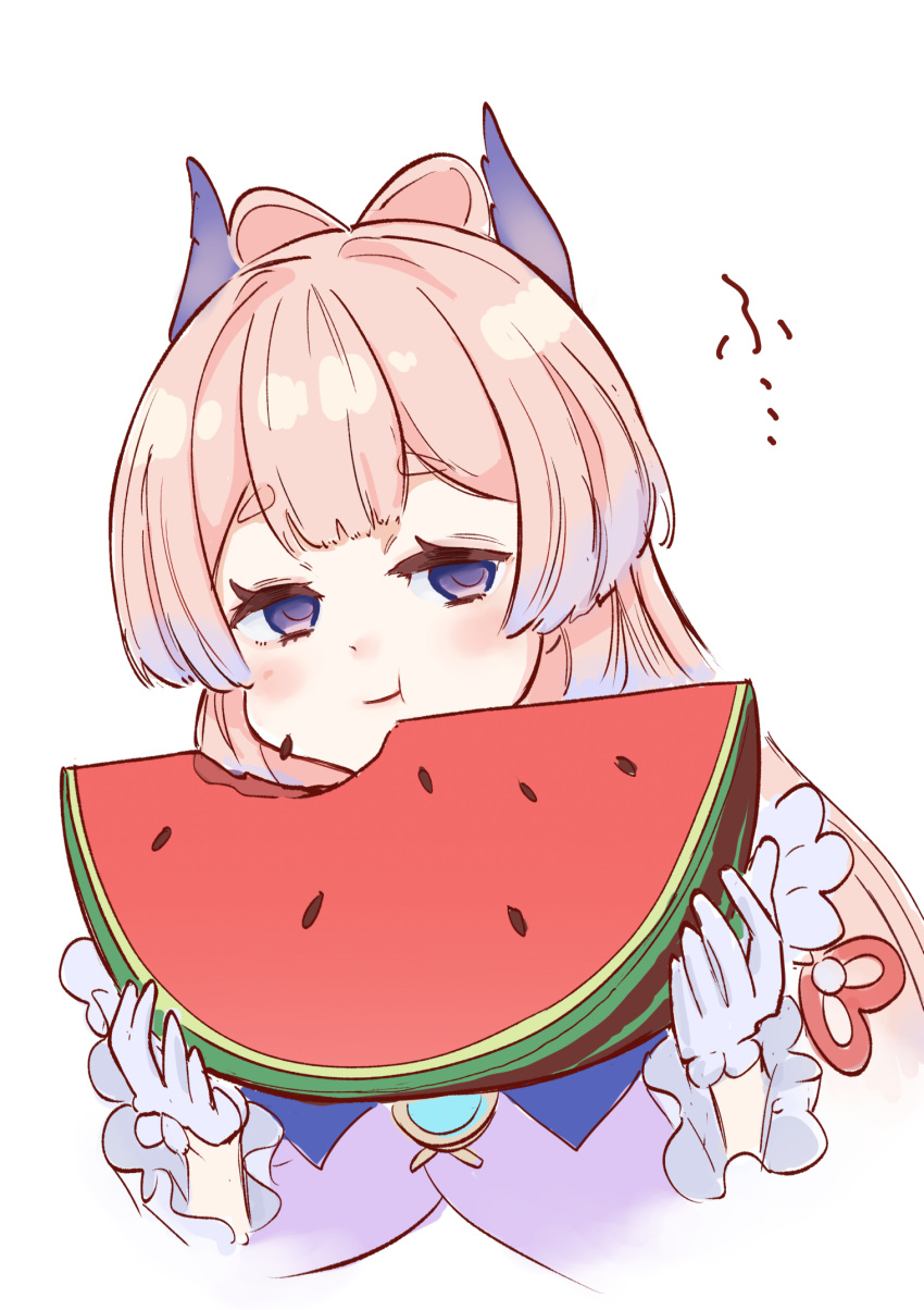 blue_eyes, food, fruit, gloves, highres, nocknocktt, pink_hair, puffy_cheeks