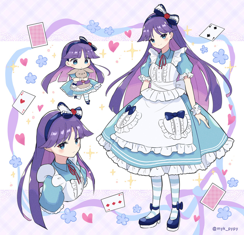1girl, ace_(playing_card), ace_of_hearts, alice_(alice_in_wonderland), alice_(alice_in_wonderland)_(cosplay), alice_in_wonderland, blue_bow, blue_dress