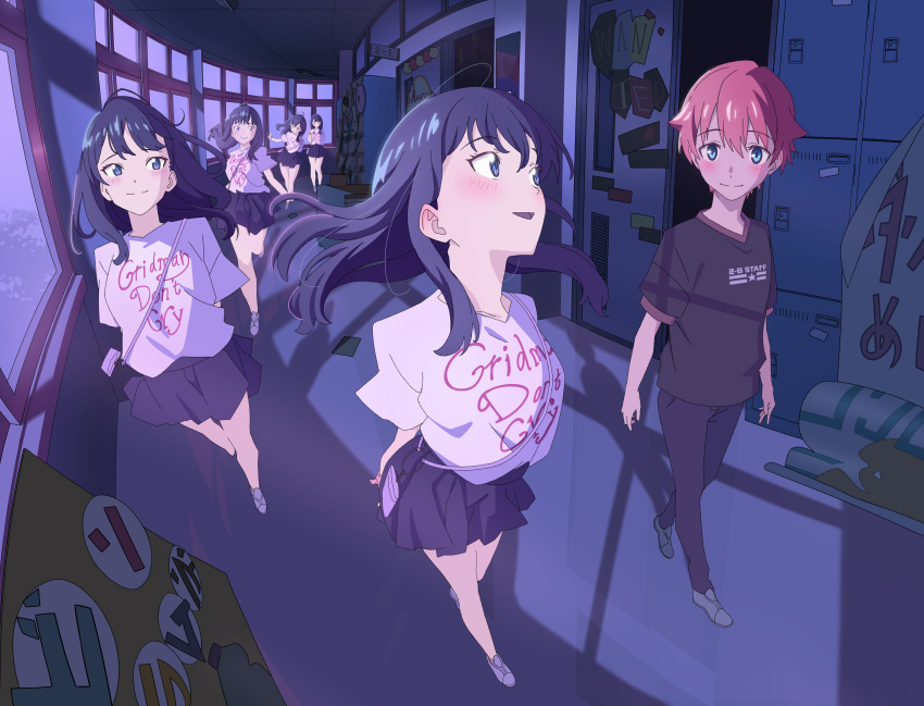 1boy, 1girl, absurdres, black_hair, black_shirt, blush, couple, gridman_universe