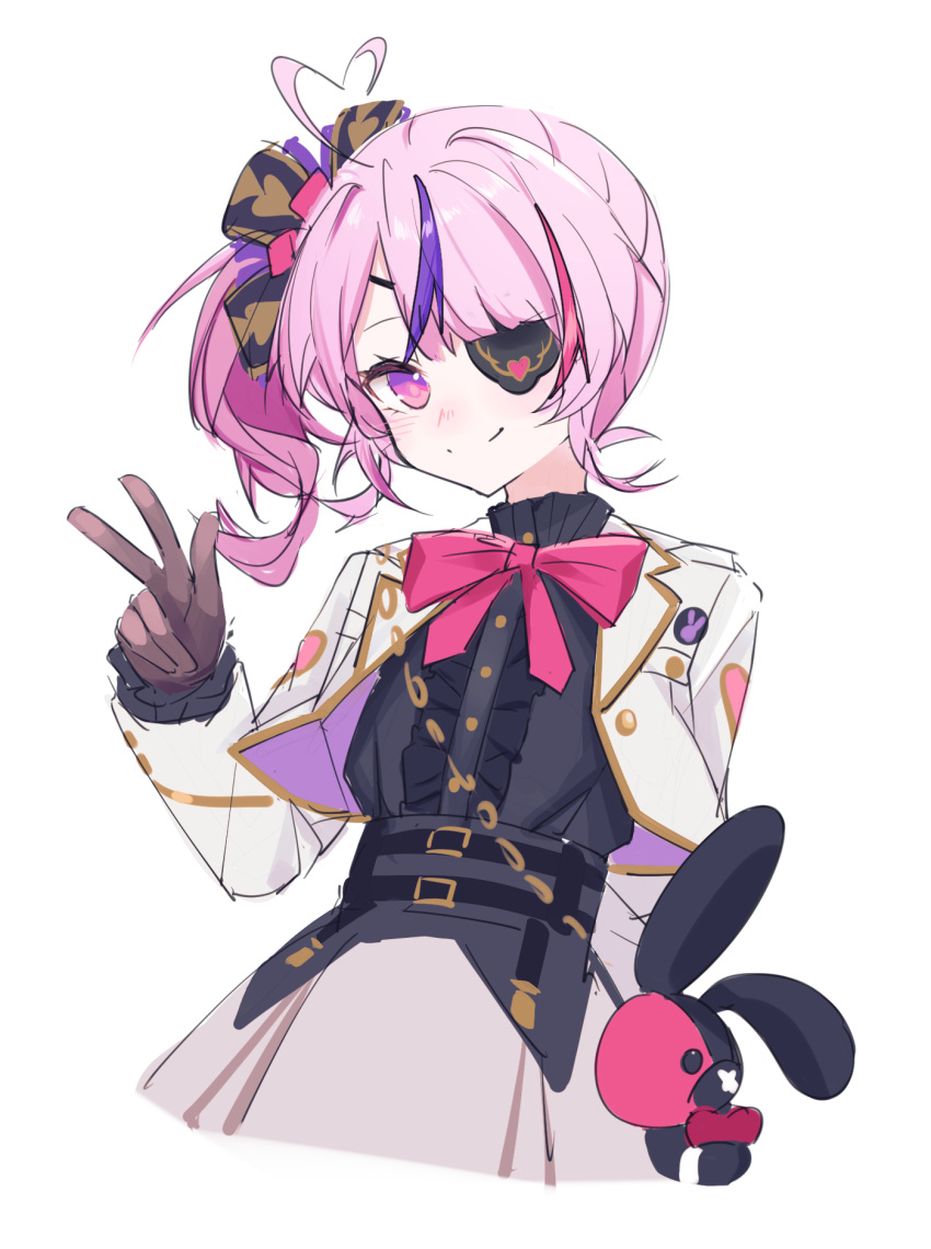 1girl, abyssitanuki, ahoge, black_corset, black_gloves, black_shirt, bow, bowtie, corset, cropped_jacket, dress_shirt, eyepatch, frilled_sleeves, frills, gloves, grey_skirt, heart, heart_ahoge, highres, jacket, maria_marionette, medium_hair, multicolored_hair, nijisanji, nijisanji_en, pink_bow, pink_bowtie, pink_hair, purple_hair, shirt, sir_ventrilo_(maria_marionette), skirt, smile, solo, streaked_hair, stuffed_animal, stuffed_rabbit, stuffed_toy, v, virtual_youtuber, white_jacket