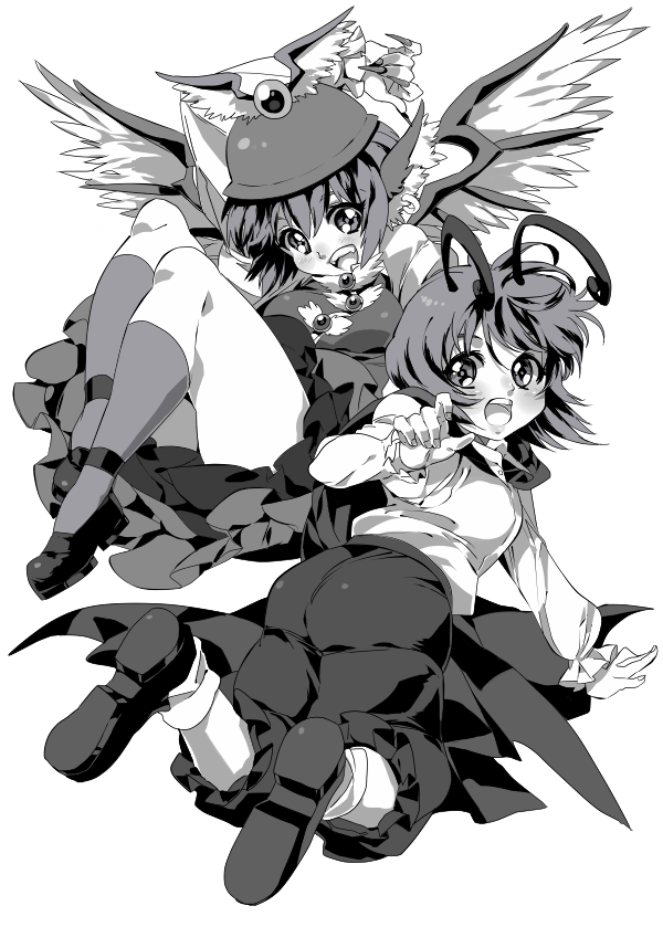 akiyama_(yamagoya), monochrome, multiple_girls, mystia_lorelei, touhou, wriggle_nightbug