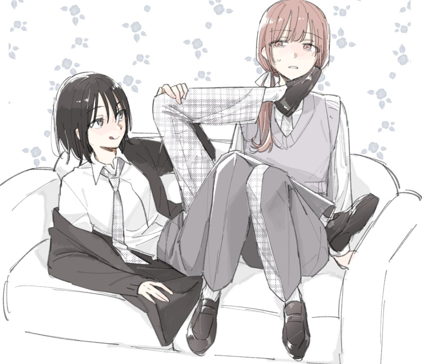 2girls, black_eyes, black_footwear, black_hair, black_jacket, brown_eyes, brown_hair, closed_mouth, collared_shirt, commentary, couch, dress_shirt, full_body, grey_necktie, grey_pants, grey_sweater_vest, highres, jacket, kuwabara_(medetaya), licking_lips, long_hair, long_sleeves, looking_at_another, looking_at_viewer, low_side_ponytail, lying, medium_hair, multiple_girls, naoi_(zenbu_kowashite_jigoku_de_aishite), necktie, on_back, on_couch, open_clothes, open_jacket, pants, parted_lips, shirt, sitting, sweatdrop, sweater_vest, tomboy, tongue, tongue_out, unmoving_pattern, white_pants, yoshizawa_kurumi, yuri, zenbu_kowashite_jigoku_de_aishite