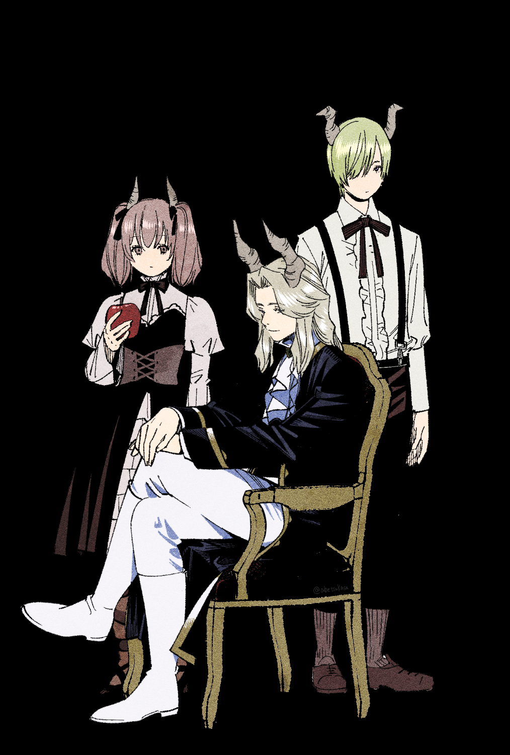 1girl, 2boys, abe_tsukasa, apple, black_dress, black_jacket, black_pants, black_ribbon