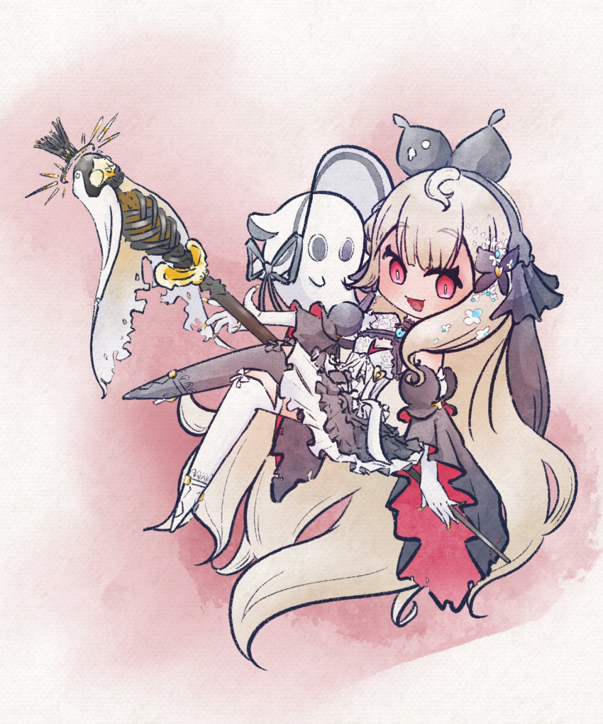 1girl, absurdly_long_hair, ahoge, asymmetrical_legwear, black_headband, blonde_hair, bow, detached_sleeves