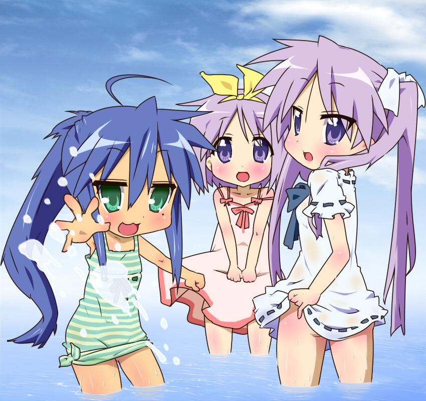 :3, ahoge, alternate_hairstyle, ass, bad_id, blue_hair, bow, cloud