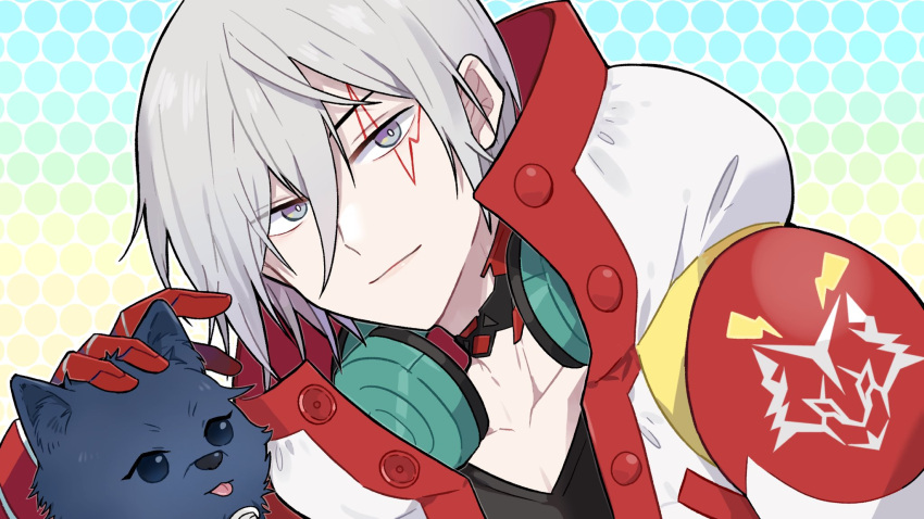 1boy, dog, facial_tattoo, fulgur_ovid, gloves, grey_eyes, grey_hair, hair_between_eyes, headphones, headphones_around_neck, highres, jacket, land_(freeondeland), male_focus, nijisanji, nijisanji_en, red_gloves, solo, tattoo, v-neck, virtual_youtuber, white_jacket