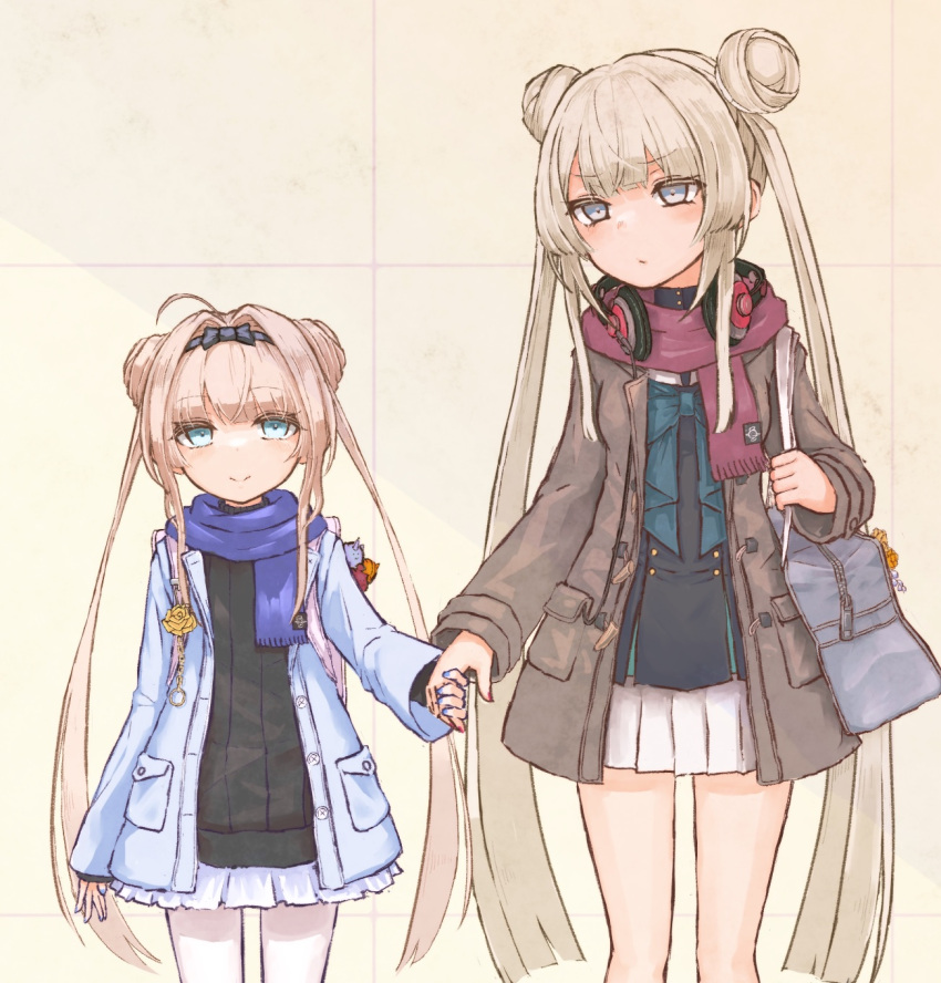 2girls, ahoge, bag, bare_legs, black_dress, black_hairband, black_shirt, blonde_hair
