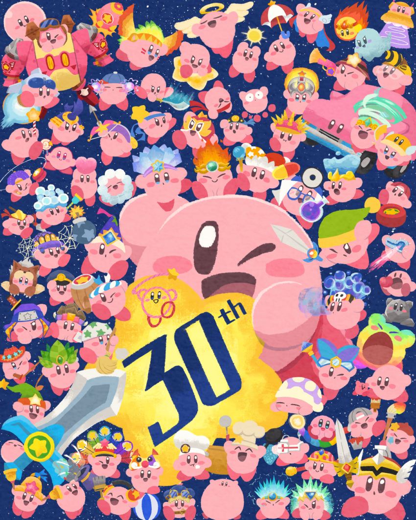 anniversary, beam_kirby, beetle_kirby, bell_kirby, blush_stickers, bubble_kirby, character_request, chef_hat