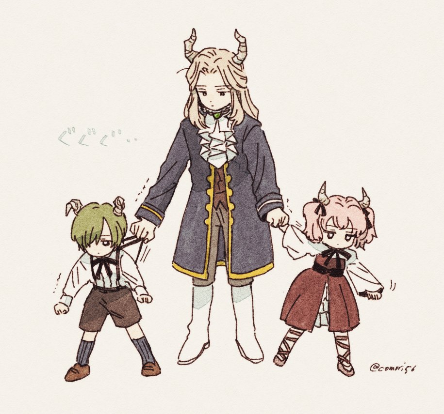 1girl, 2boys, aged_down, ascot, black_ribbon, black_socks, blonde_hair, blue_coat
