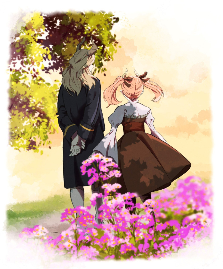 1boy, 1girl, arms_at_sides, arms_behind_back, black_coat, blonde_hair, boots, brown_dress, brown_ribbon, closed_mouth, coat, demon_boy, demon_girl, demon_horns, dress, facing_away, flower, from_behind, fujimoto_kouki, hair_ribbon, highres, horns, linie_(sousou_no_frieren), long_hair, long_sleeves, lugner_(sousou_no_frieren), official_art, orange_hair, outdoors, own_hands_together, pink_flower, promotional_art, puffy_sleeves, ribbon, sky, sousou_no_frieren, standing, tree, twintails, white_footwear, wide_sleeves