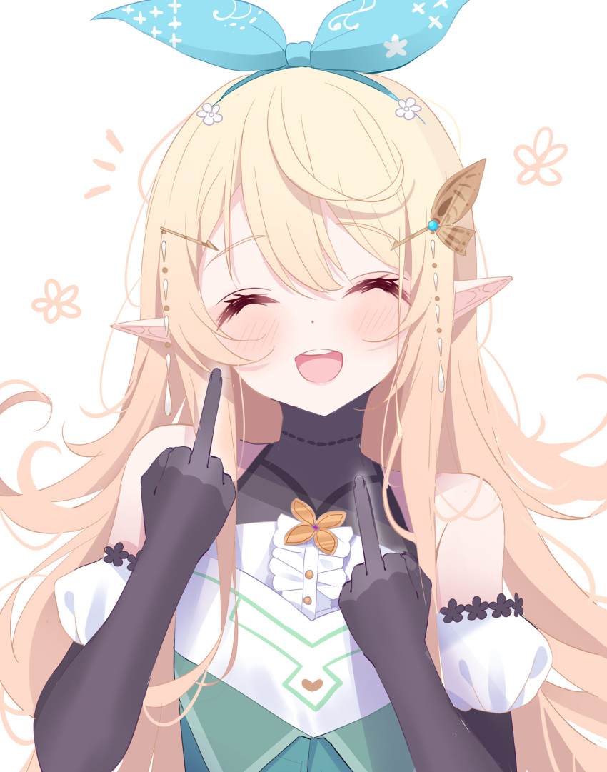1girl, black_gloves, blonde_hair, blush, butterfly_hair_ornament, closed_eyes, detached_sleeves, deyui, double_middle_finger, elbow_gloves, gloves, hair_ornament, halterneck, highres, long_hair, middle_finger, nijisanji, nijisanji_en, open_mouth, pointy_ears, pomu_rainpuff, pomu_rainpuff_(1st_costume), puffy_sleeves, solo, virtual_youtuber