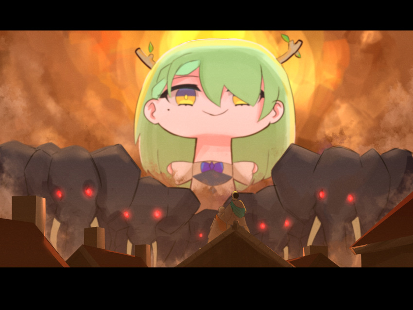 03pun15, 1girl, age_of_empires_ii, antlers, braid, branch, ceres_fauna, elephant, giraffe_fauna, green_hair, highres, hololive, hololive_english, house, long_hair, looking_at_viewer, mole, mole_under_eye, red_eyes, shingeki_no_kyojin, smile, smoke, virtual_youtuber, wide_face, yellow_eyes