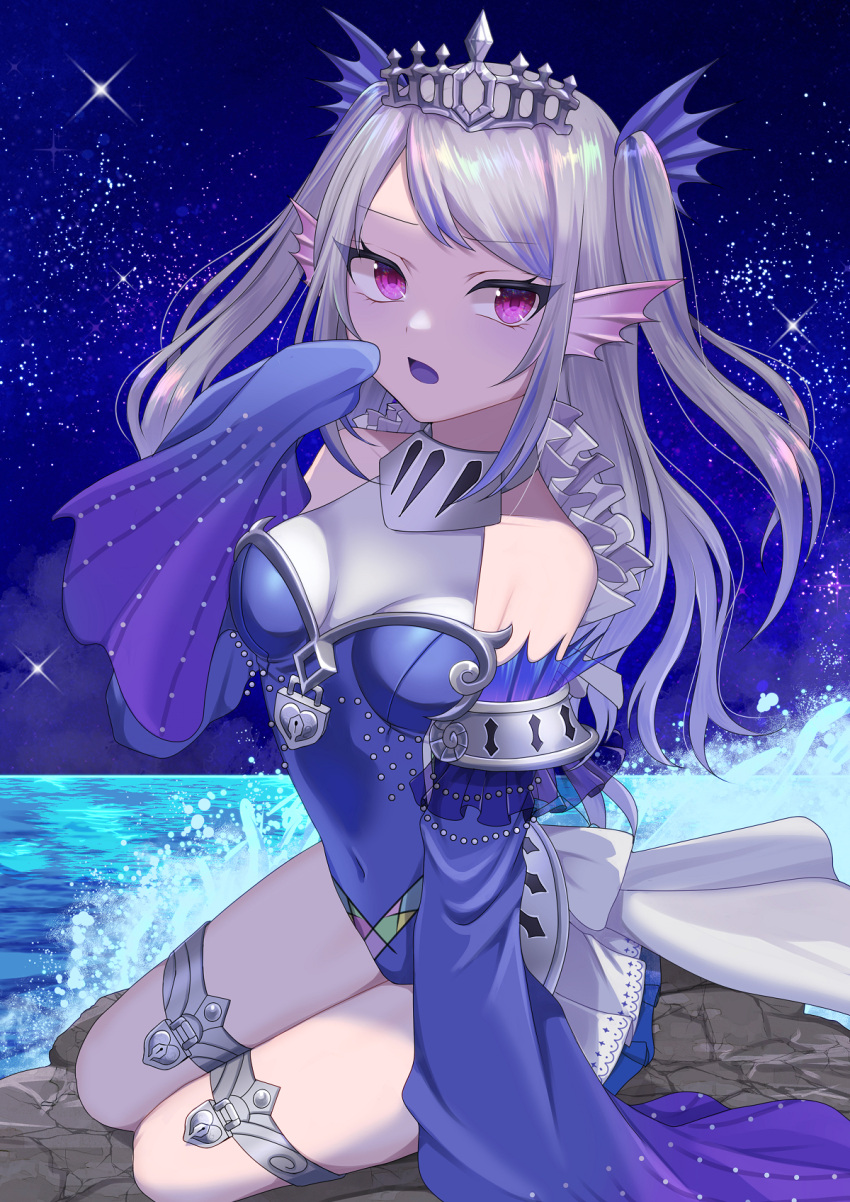 1girl, bare_shoulders, blue_hair, covered_navel, detached_sleeves, duel_monster, fins, grey_hair
