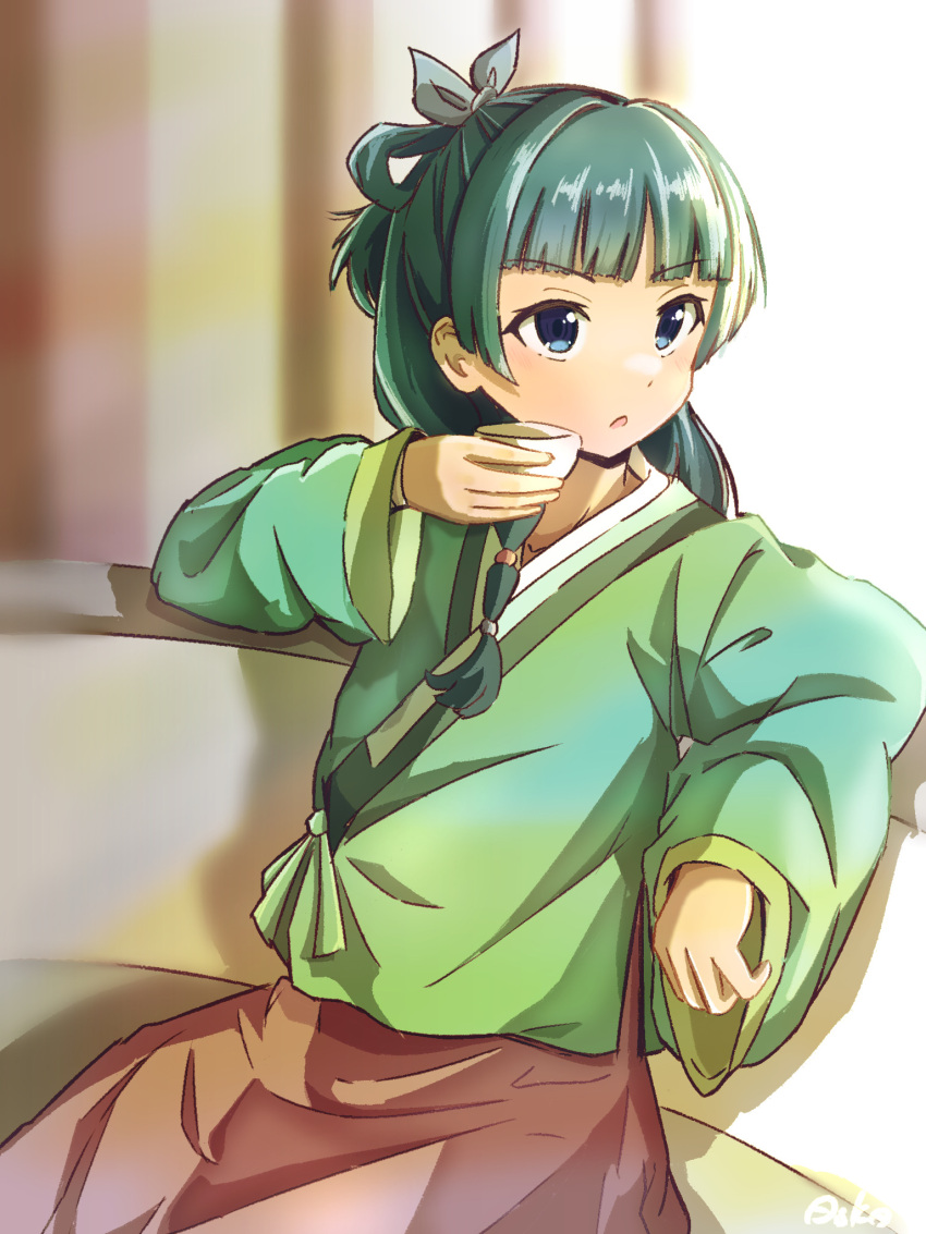 1girl, asuka_(pixiv82529874), blue_eyes, blurry, blurry_background, brown_skirt, cup, green_hair