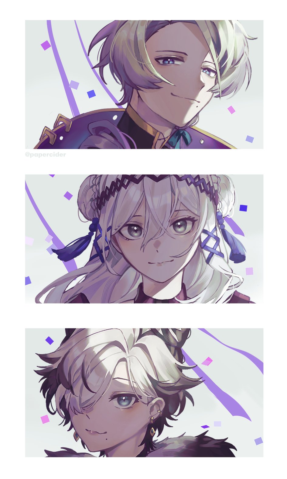 1boy, 2girls, aqua_eyes, black_hair, blonde_hair, blue_eyes, claude_clawmark, cone_hair_bun, double_bun, earrings, grey_hair, hair_bun, hair_ornament, hair_over_one_eye, highres, jewelry, kunai_nakasato, long_hair, mole, mole_under_eye, mole_under_mouth, multicolored_hair, multiple_girls, nijisanji, nijisanji_en, papercider, streaked_hair, tassel, tassel_hair_ornament, ttt_(nijisanji), victoria_brightshield, virtual_youtuber, x_hair_ornament