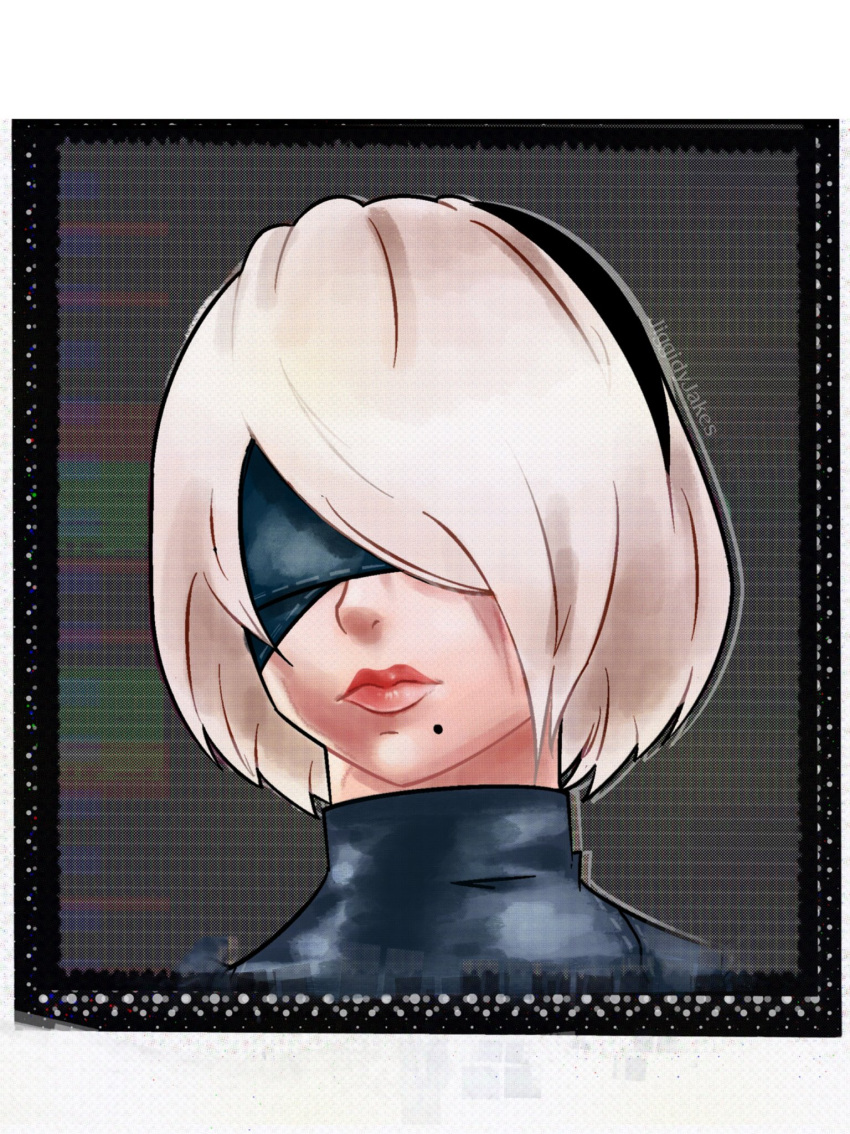 1girl, 2b_(nier:automata), artist_name, black_blindfold, black_border, black_hairband, blindfold, border