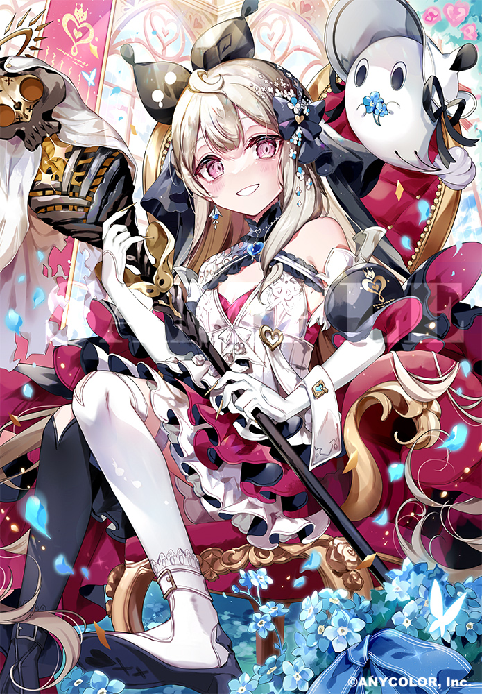 ahoge, asymmetrical_legwear, black_bow, blonde_hair, blue_flower, bow, bug, butterfly