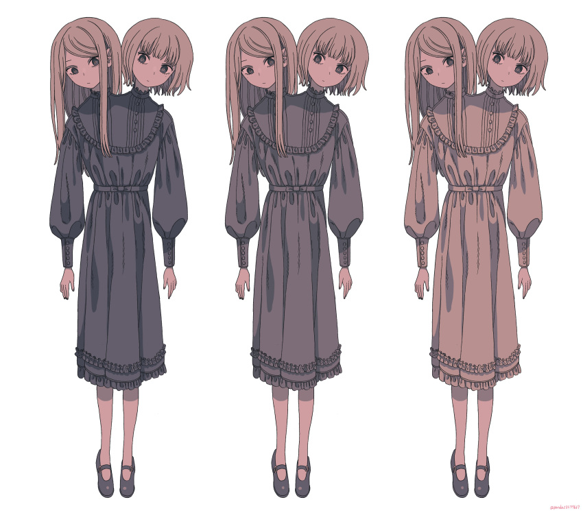 2girls, absurdres, arms_at_sides, black_eyes, black_footwear, bob_cut, conjoined, dress