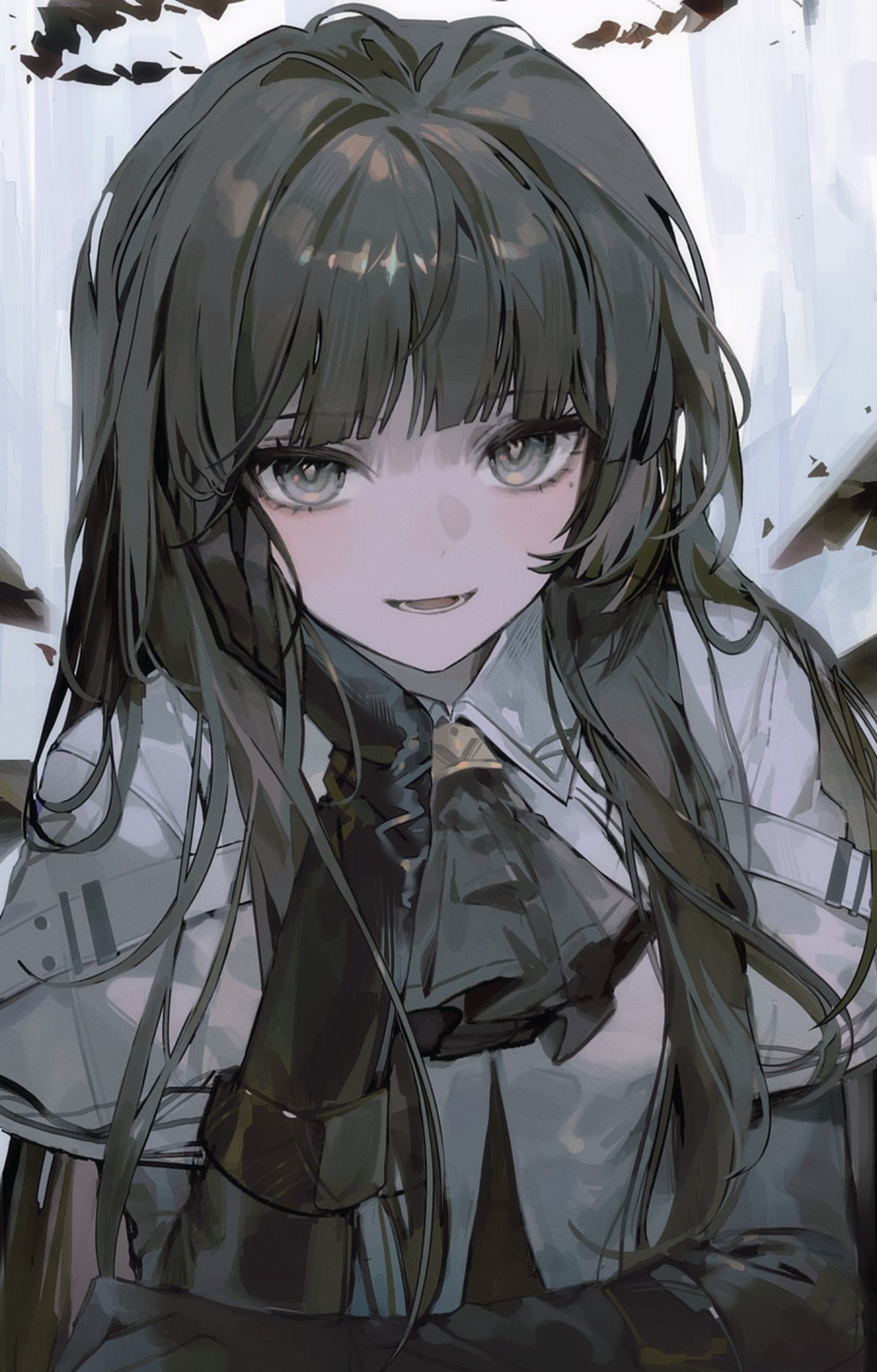 1girl, :d, ahoge, arknights, ascot, backlighting, belt, belt_buckle