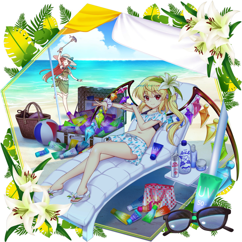 beach, blonde_hair, deck_chair, flandre_scarlet, highres, hong_meiling, non-web_source, ocean