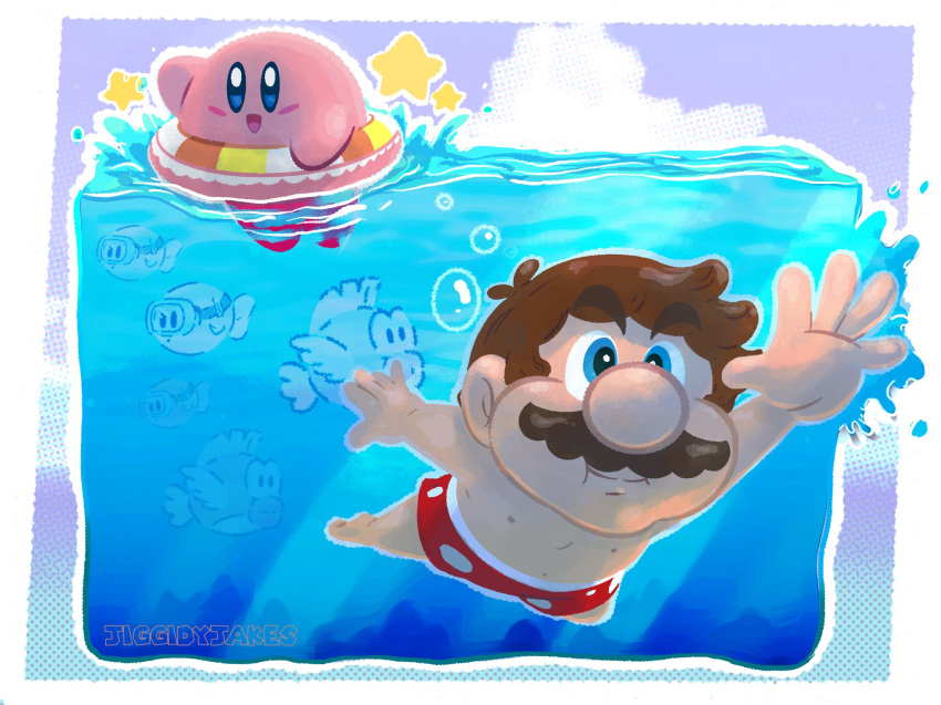 2boys, air_bubble, artist_name, blue_eyes, brown_hair, bubble, cheep_cheep, commentary