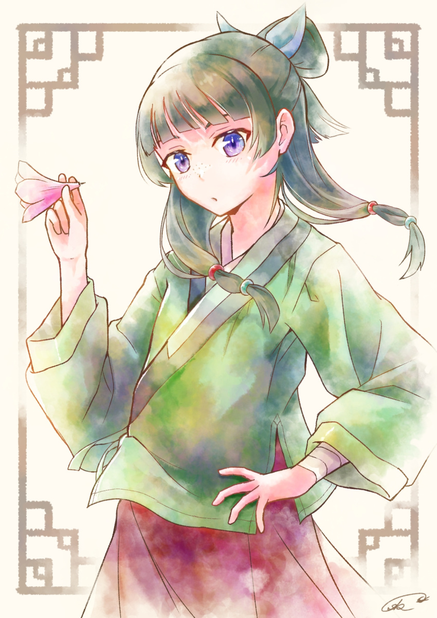 1girl, black_hair, blue_bow, bow, flower, freckles, green_shirt, hair_bow, hand_on_own_hip, highres, holding, holding_flower, kusuriya_no_hitorigoto, long_hair, maomao_(kusuriya_no_hitorigoto), red_skirt, shirt, skirt, solo, stnding, usubatubame, violet_eyes