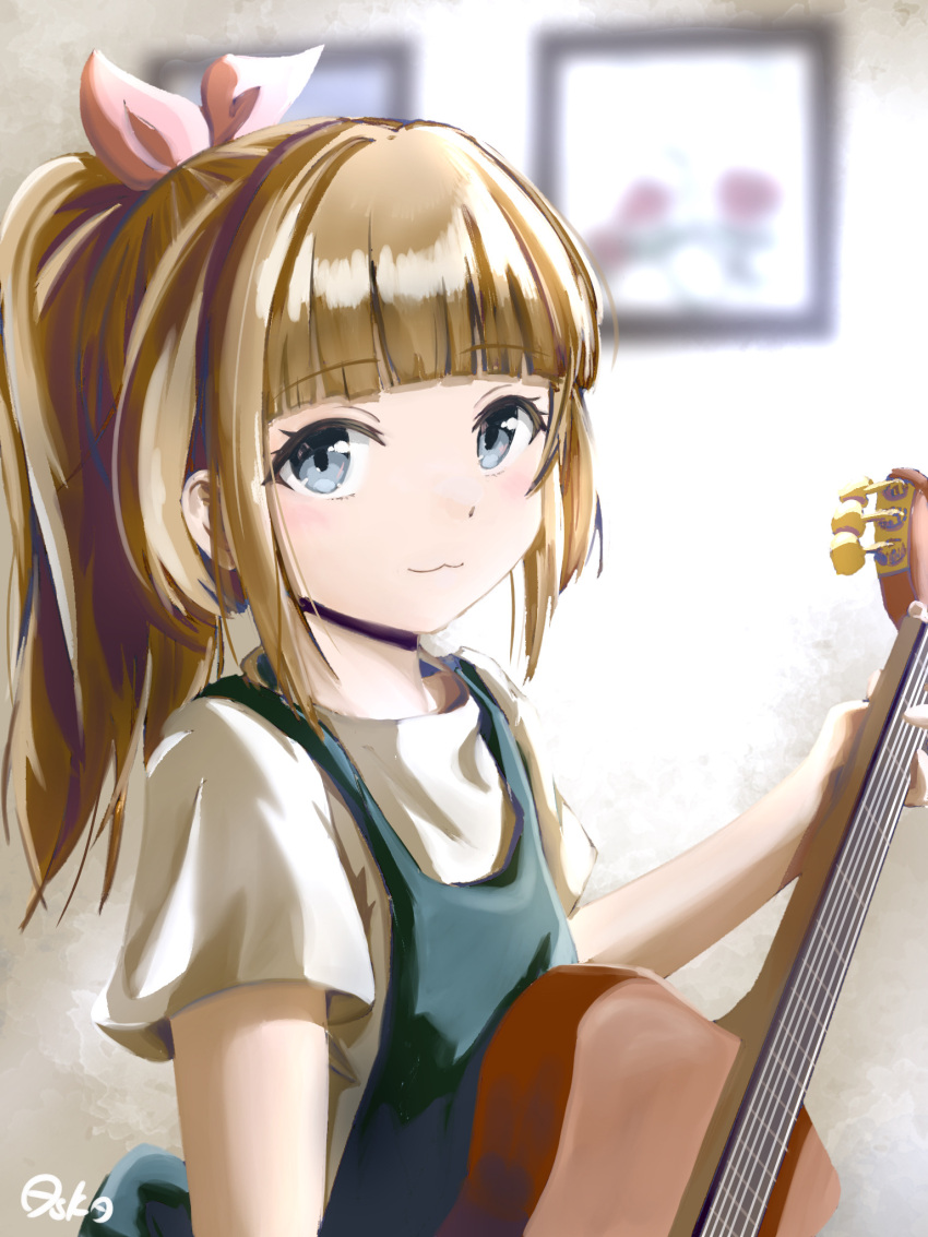 1girl, apron, asuka_(pixiv82529874), blue_eyes, blunt_bangs, blurry, blurry_background, bow