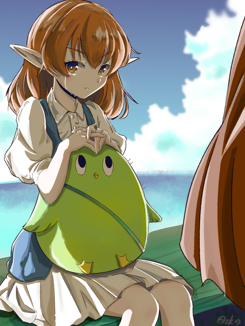 1girl, 1other, artist_name, asuka_(pixiv82529874), black_eyes, brown_eyes, brown_hair, day