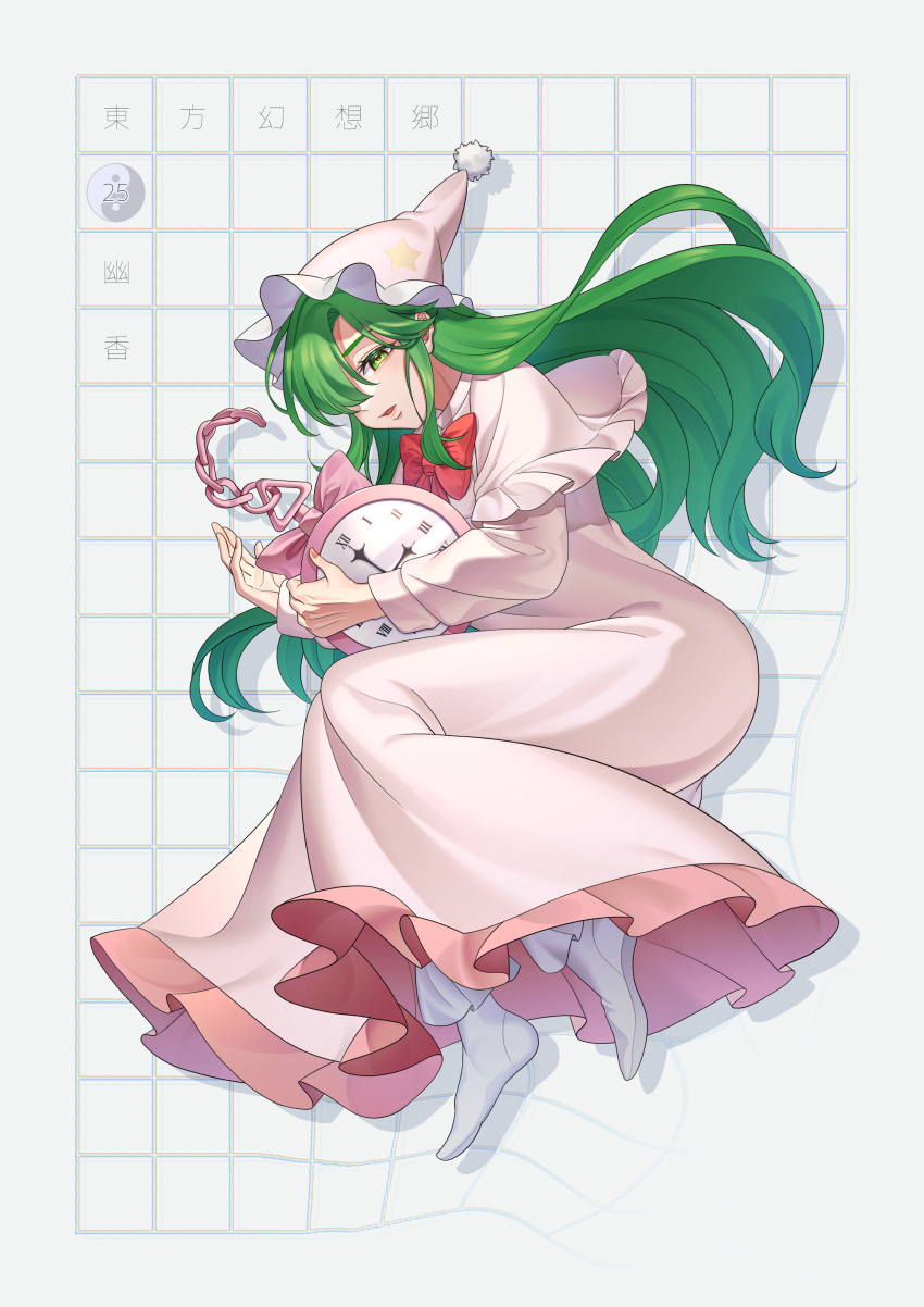 1girl, absurdres, ascot, bow, clock, green_eyes, green_hair, grid